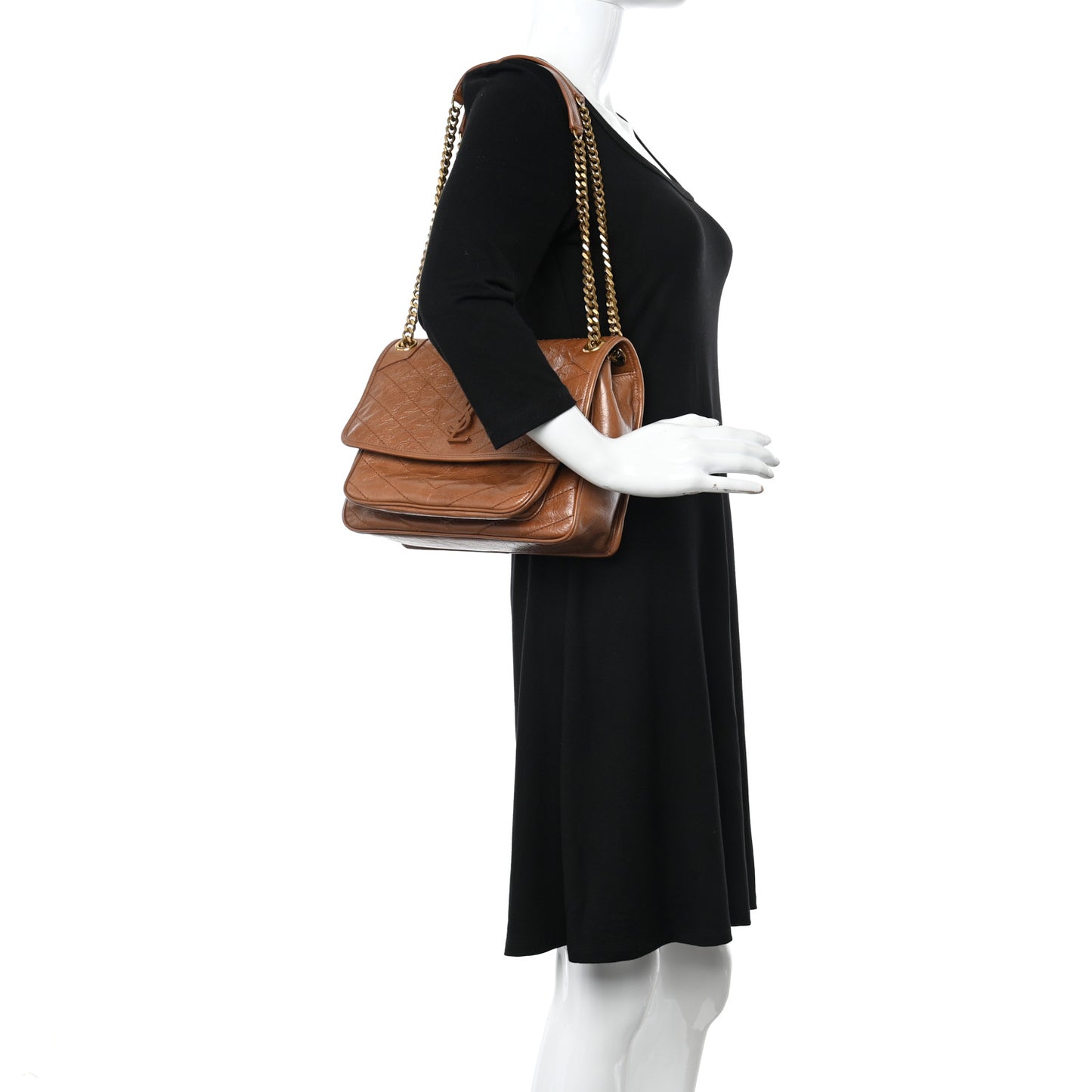 Crinkled Calfskin Matelasse Monogram Medium Niki Chain Satchel Light Caramel