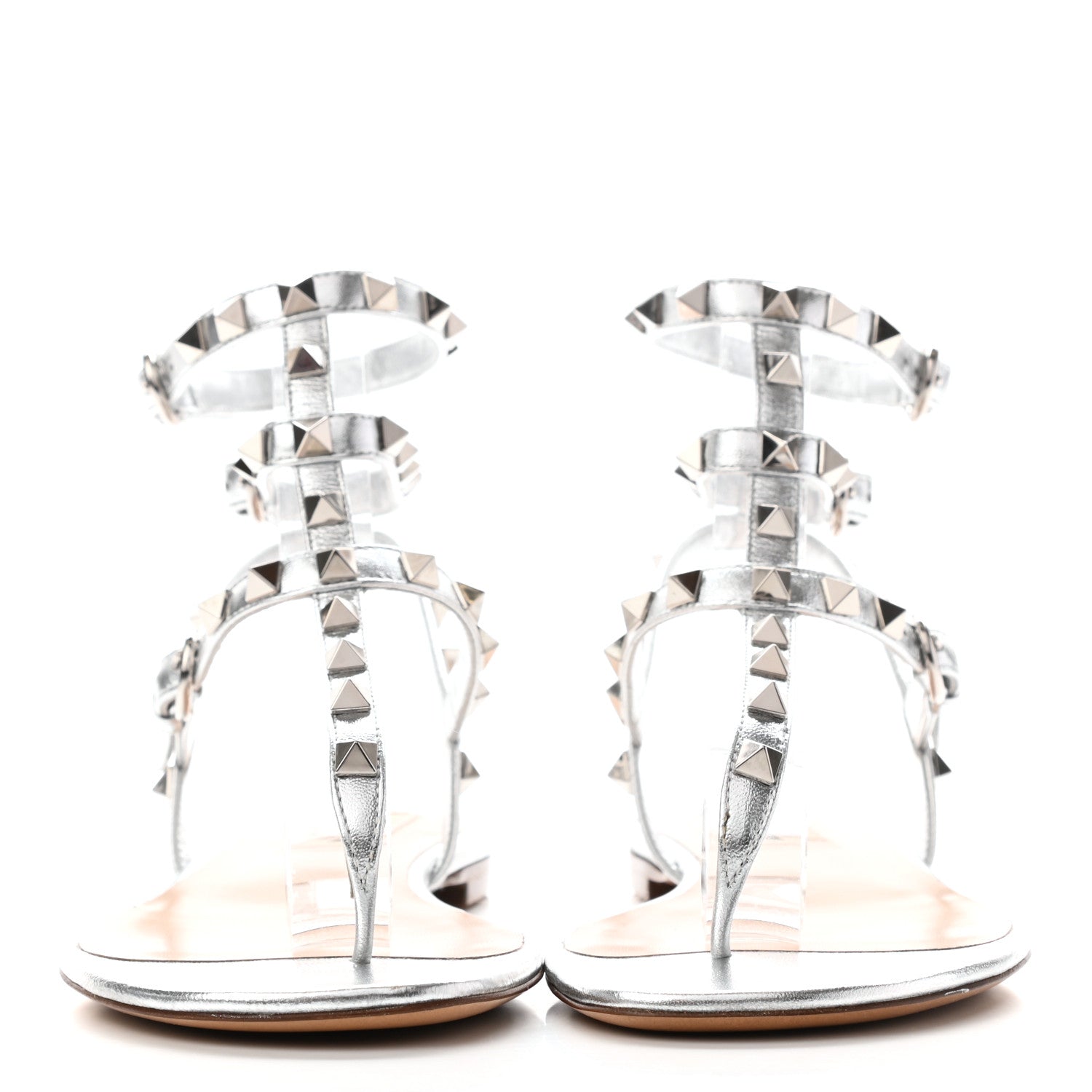 Valentino Garavani Metallic Nappa Rockstud Ankle Wrap Flat Thong Sandals 38 Silver 2 of 9