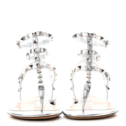 Valentino Garavani Metallic Nappa Rockstud Ankle Wrap Flat Thong Sandals 38 Silver 2 of 9