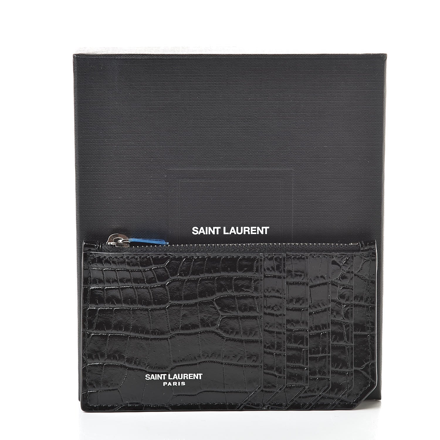 Saint Laurent Calfskin Crocodile Embossed 5 Fragments Zip Pouch Card Holder Black 8 of 8