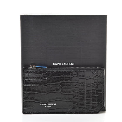 Saint Laurent Calfskin Crocodile Embossed 5 Fragments Zip Pouch Card Holder Black 8 of 8