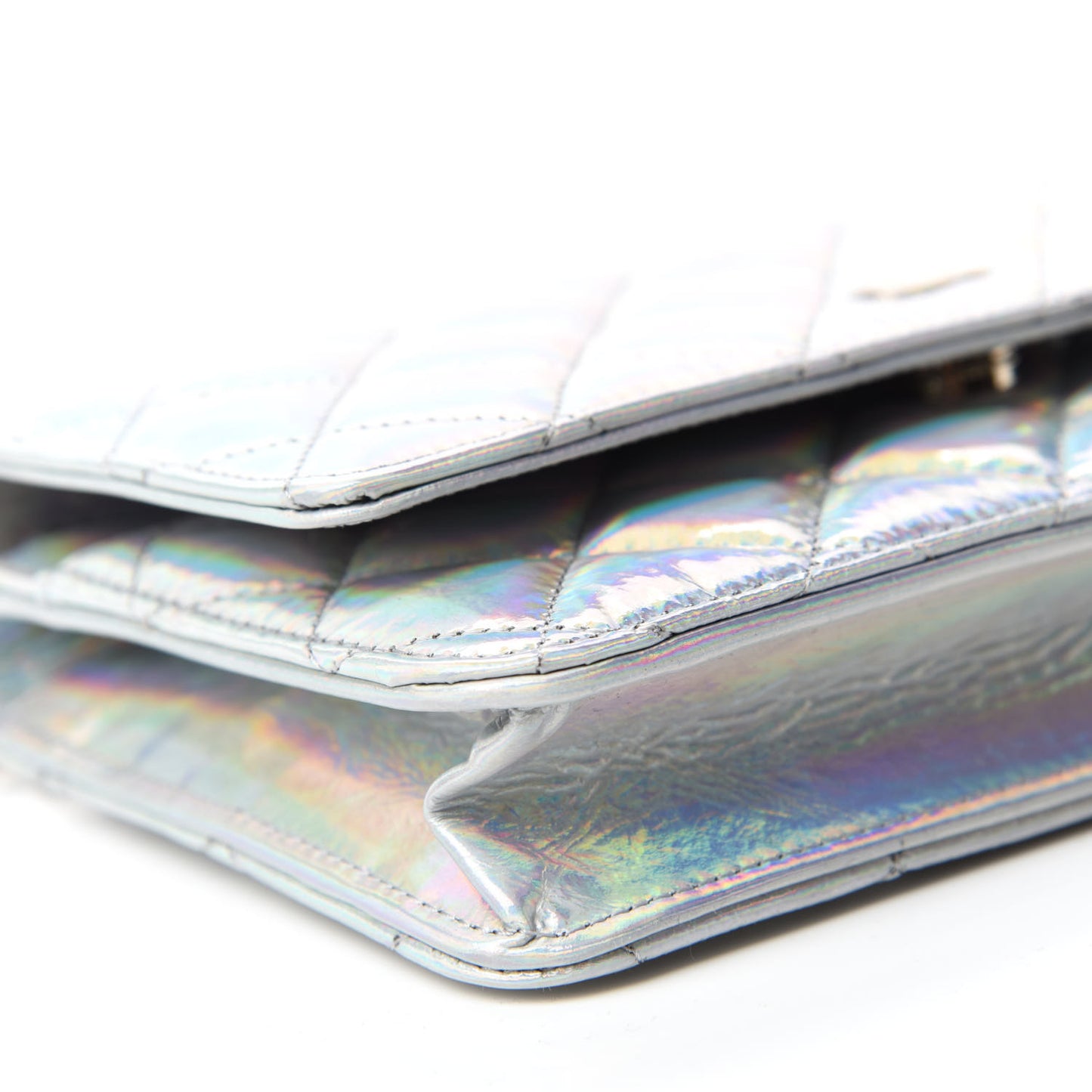 Iridescent Goatskin Quilted Wallet On Chain WOC Silver