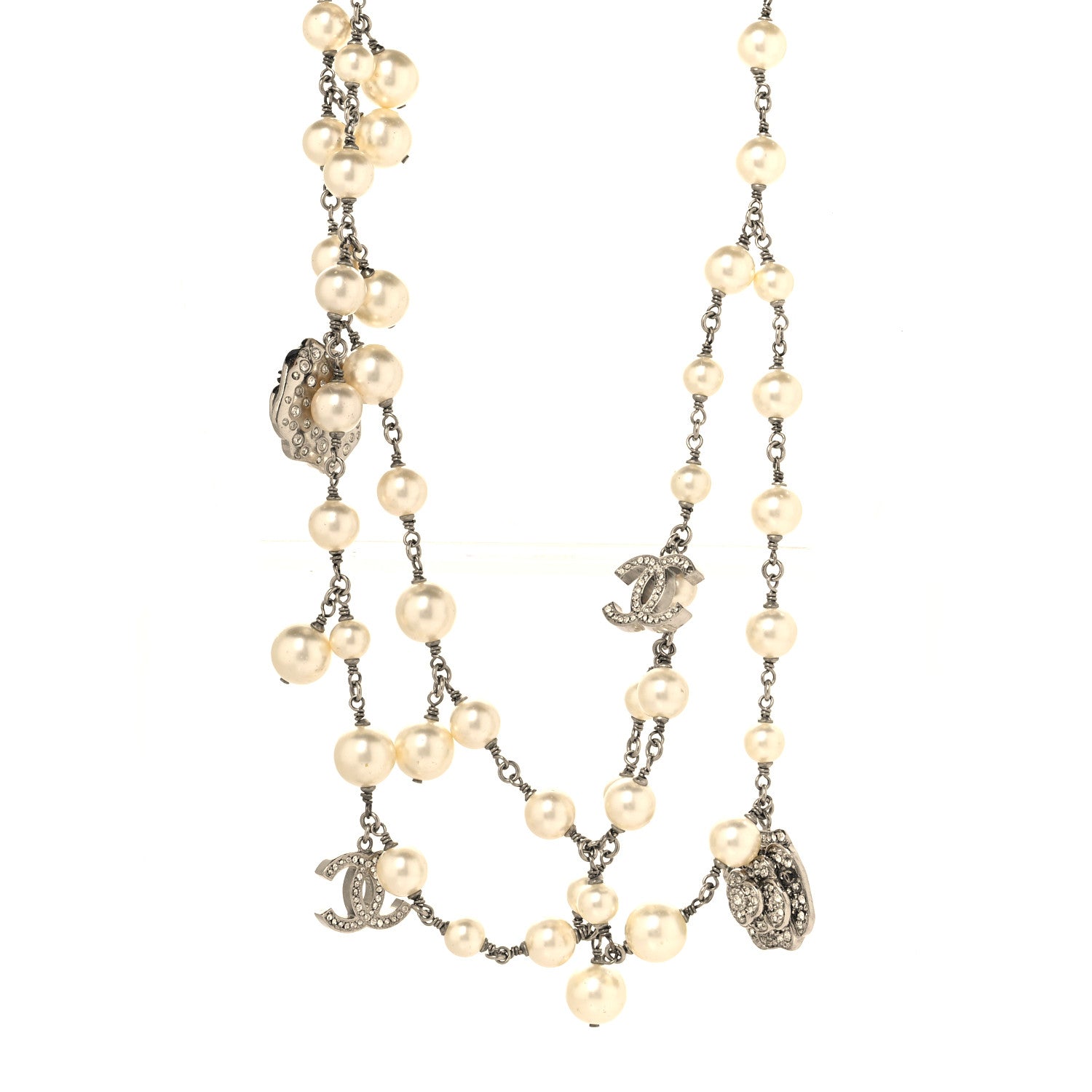 Chanel Crystal Pearl Camellia CC Long Necklace Silver Pearly White 1 of 4