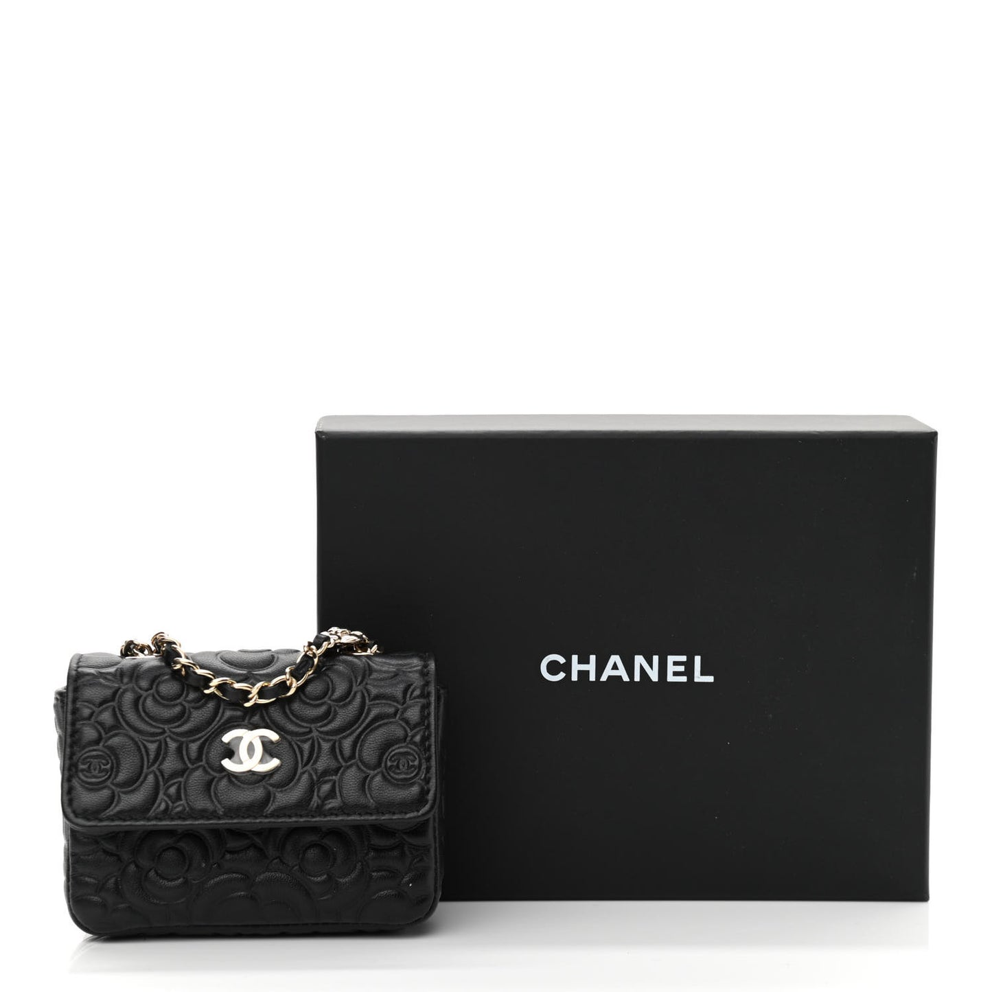 Lambskin Camellia Embossed Chain Belt Bag Black