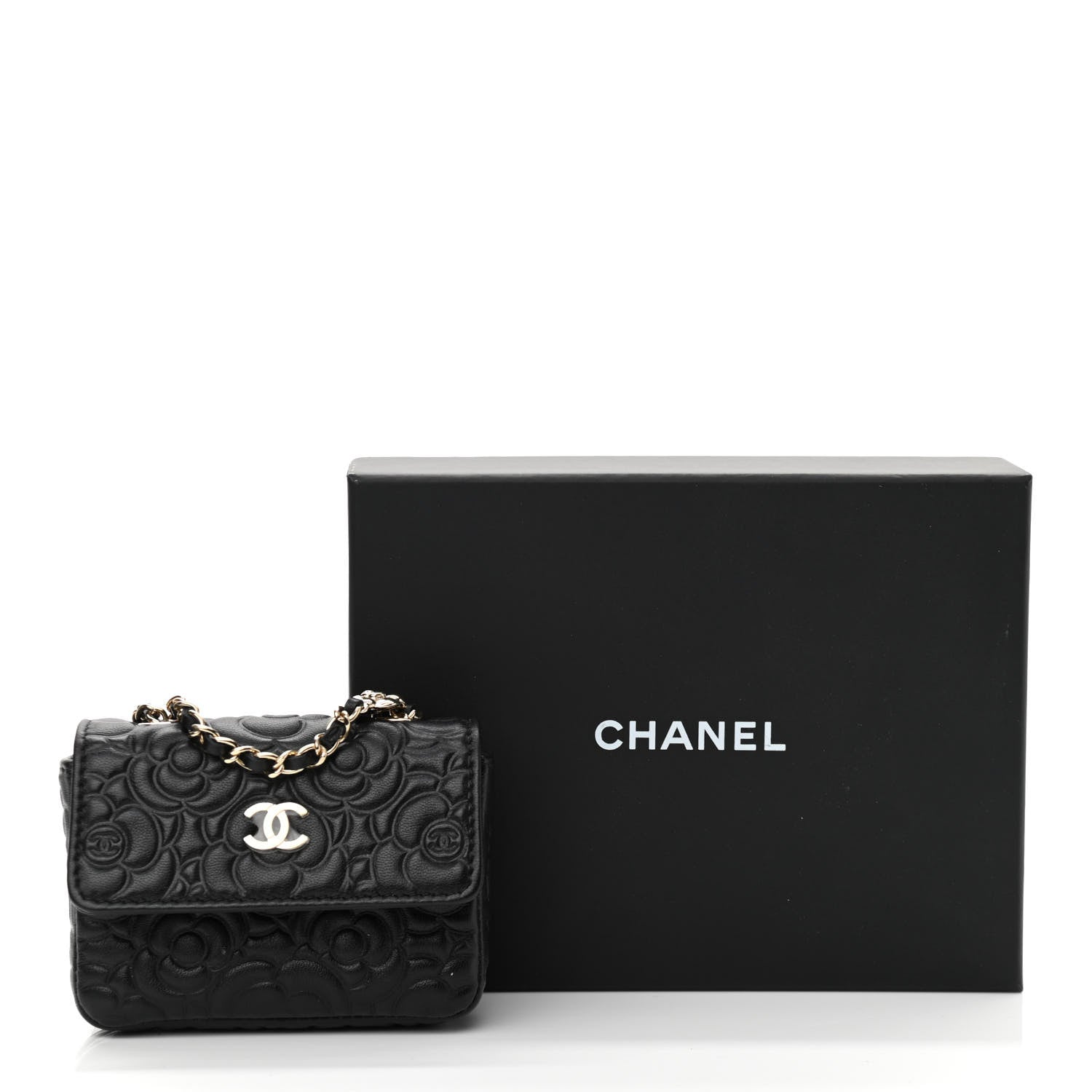 Chanel Lambskin Camellia Embossed Chain Belt Bag Black 12 of 12