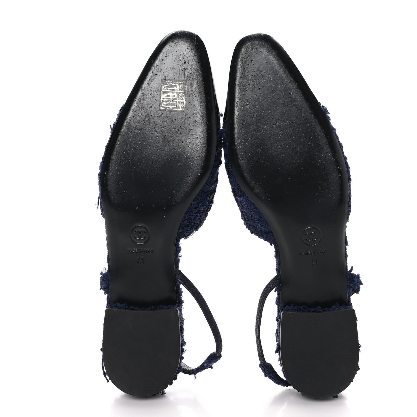 Tweed Patent Calfskin Cap Toe CC Slingback Flats 41 Navy Black