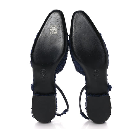 Chanel Tweed Patent Calfskin Cap Toe CC Slingback Flats 41 Navy Black 5 of 9
