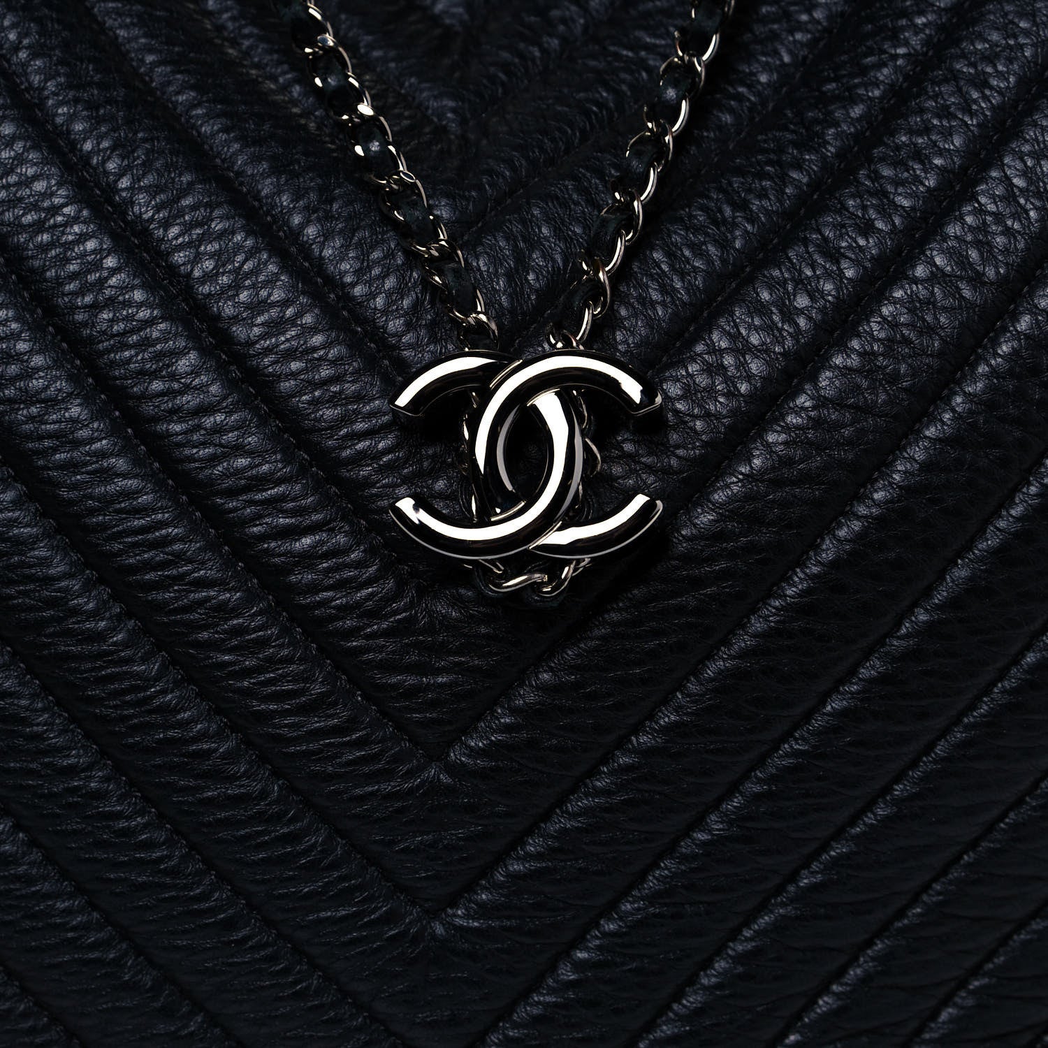 Chanel Deerskin Chevron Large CC Chain Bucket Drawstring Bag Black 8 of 13