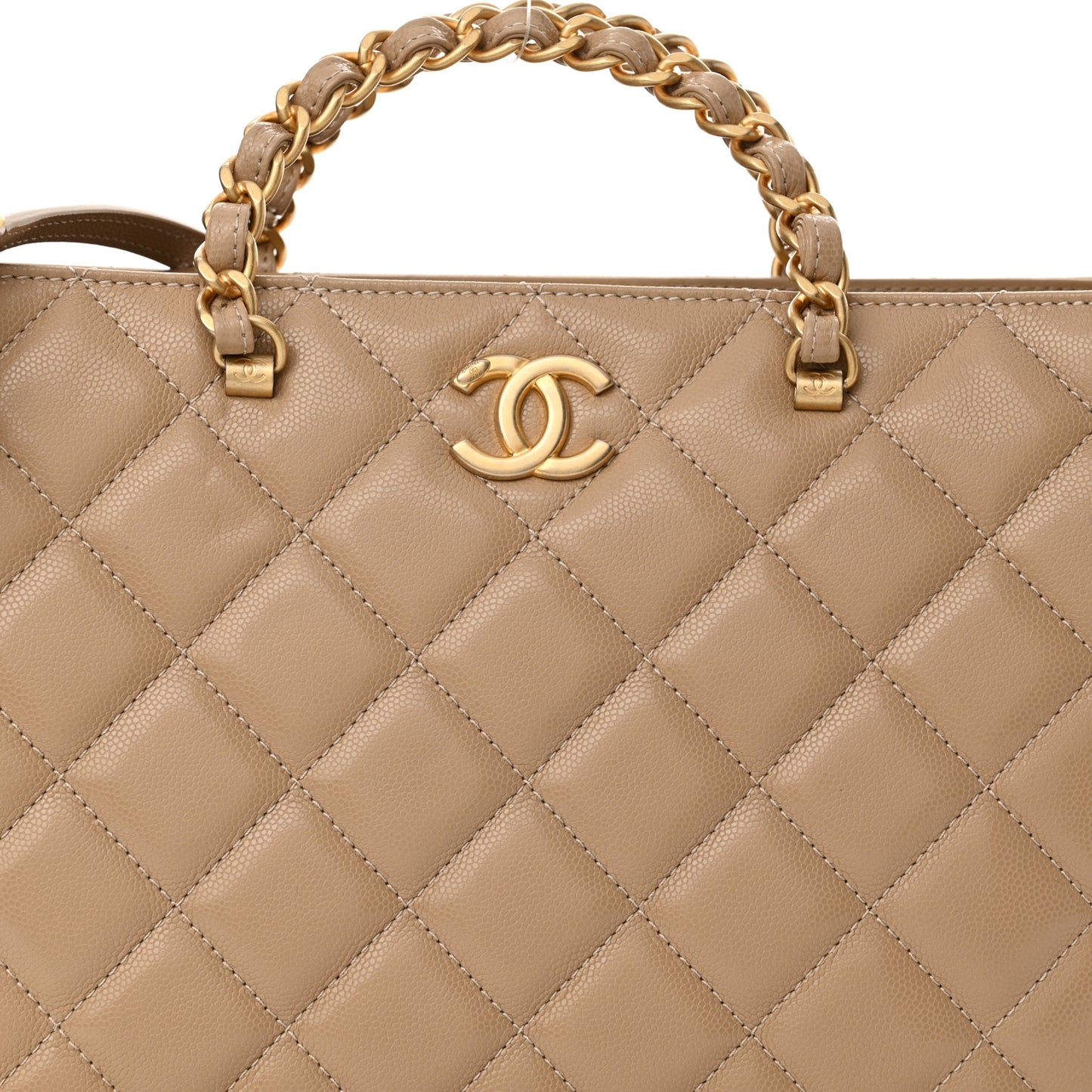 Shiny Caviar Quilted Chain Handle Shopping Tote Beige