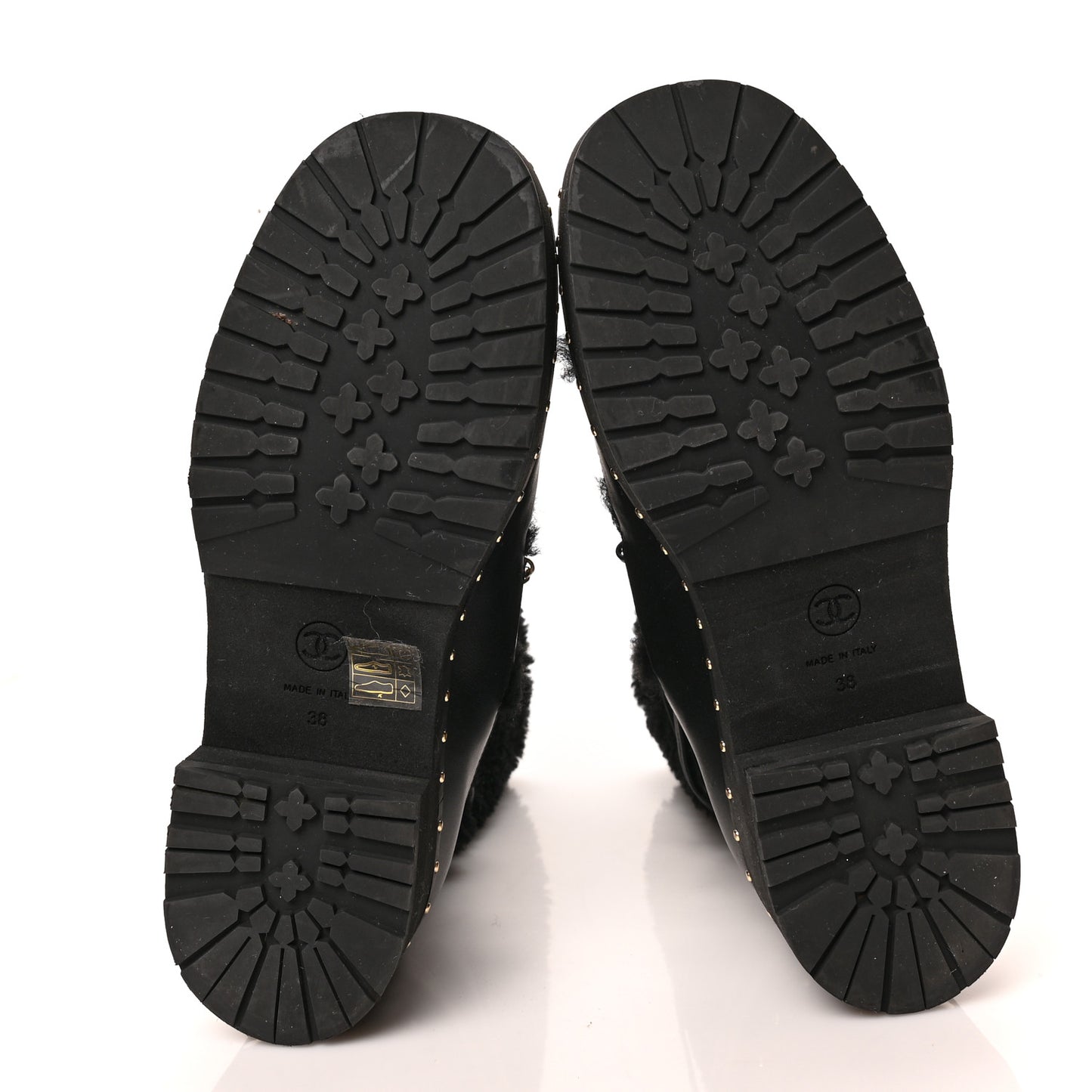 Calfskin Shearling Lambskin CC Cap Toe Chain Snow Boots 38 Black