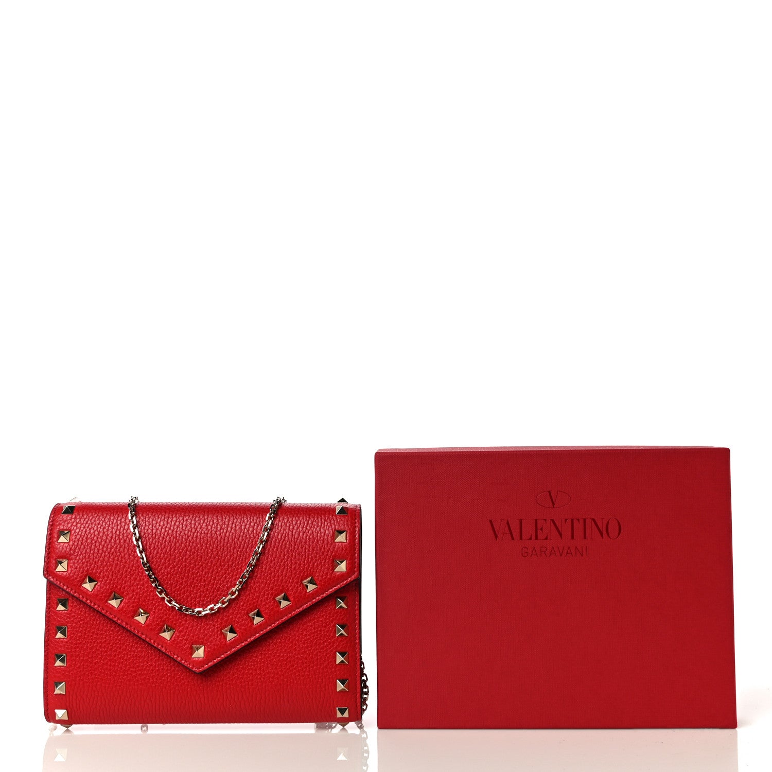 Valentino Garavani Pebbled Calfskin Rockstud Envelope Wallet on Chain Rouge Pur 10 of 10