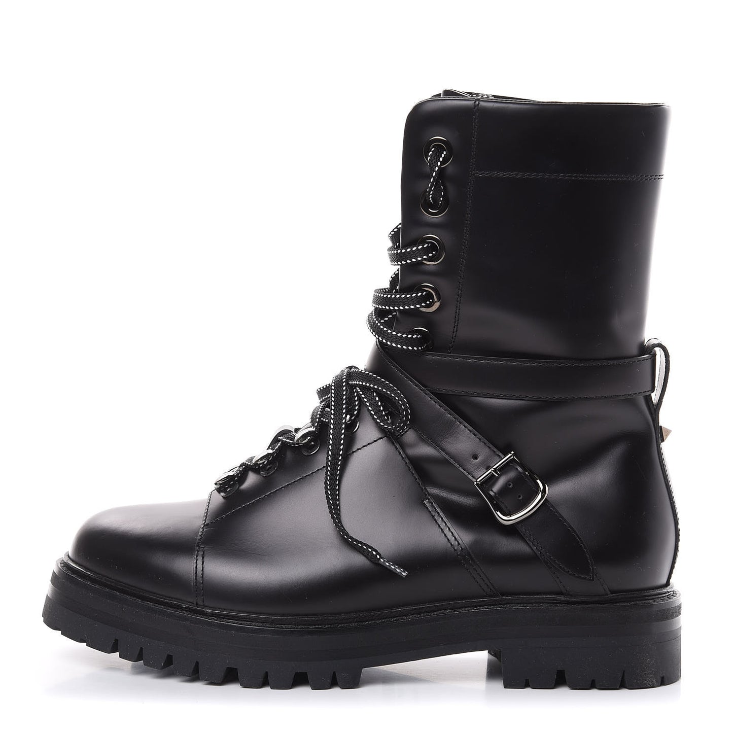 Smooth Calfskin Rockstud Buckled 25mm Combat Boots 38.5 Black