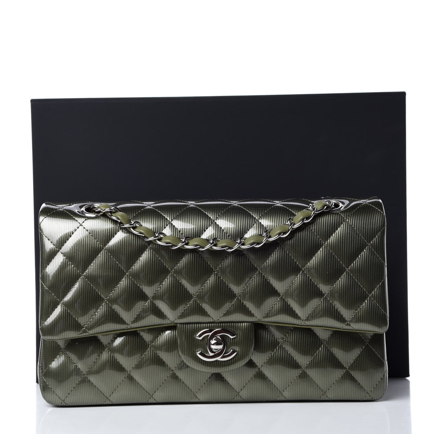 Striated Patent Quilted Medium Double Flap Green