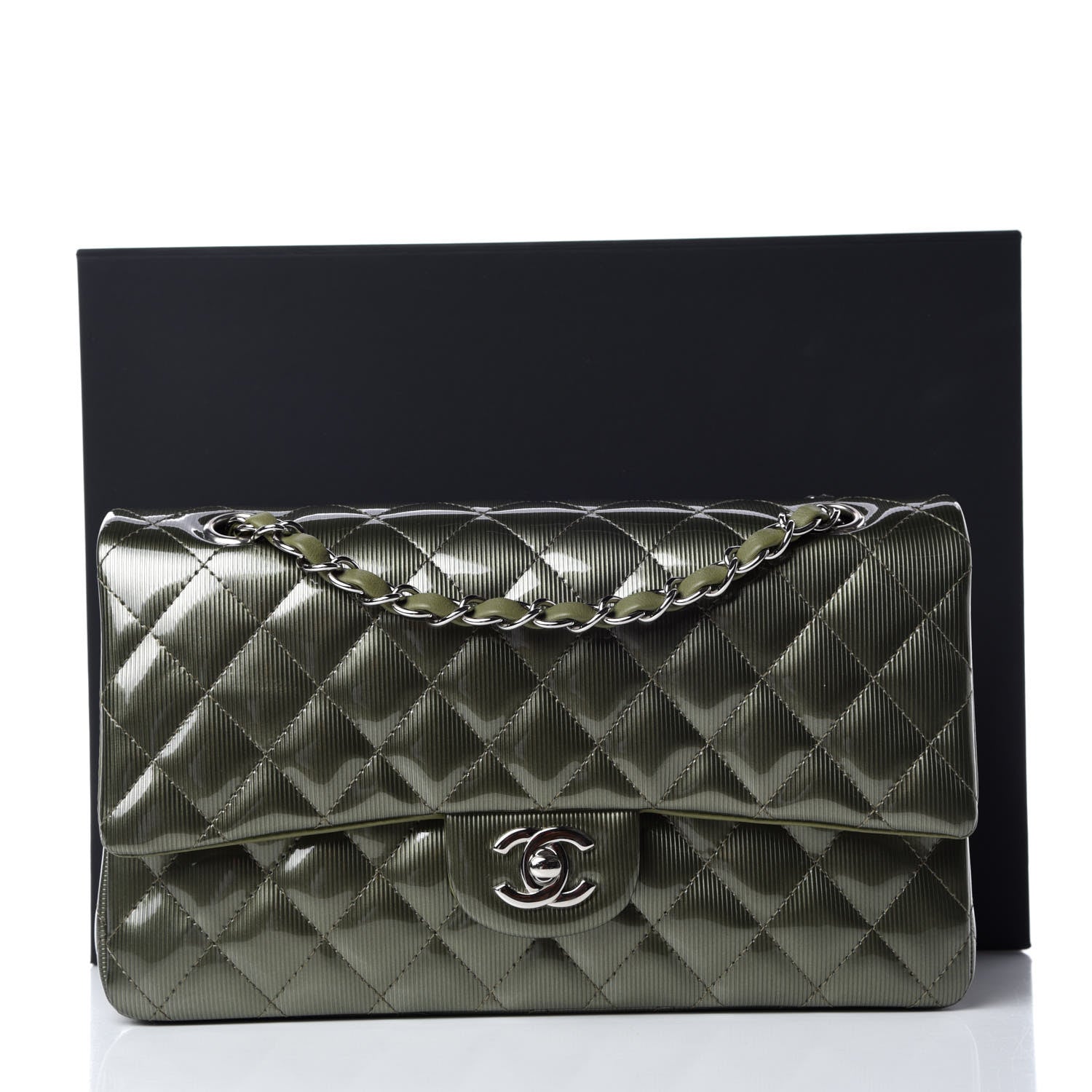 Chanel Striated Patent Quilted Medium Double Flap Green 14 of 14