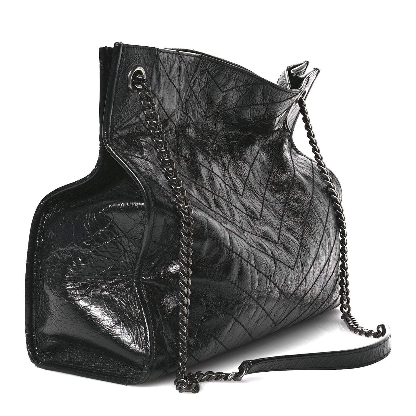 Crinkled Calfskin Matelasse Monogram Large Niki Shopper Tote Black