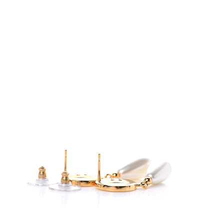 Chanel Metal Pearl Paris Button Drop Earrings Gold 3 of 4