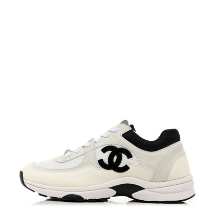 Chanel Mesh Suede Calfskin Grained Calfskin Womens CC Sneakers 39 White Black 1 of 8