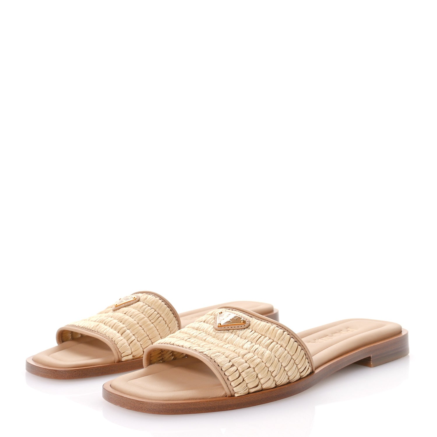 Prada Raffia Metal Triangle Logo 10mm Slide Sandals 36.5 Naturale 4 of 7