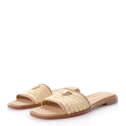 Prada Raffia Metal Triangle Logo 10mm Slide Sandals 36.5 Naturale 4 of 7