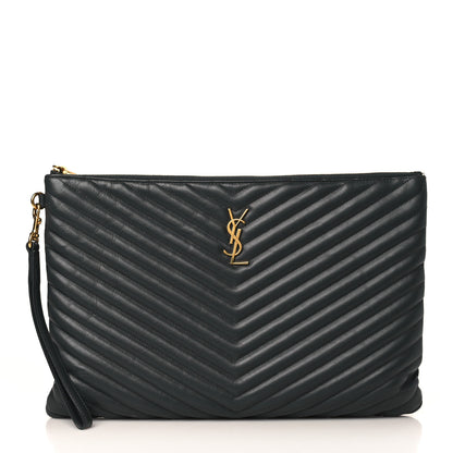 Saint Laurent Calfskin Matelasse Chevron Cassandre Monogram Document Holder Coal 1 of 10