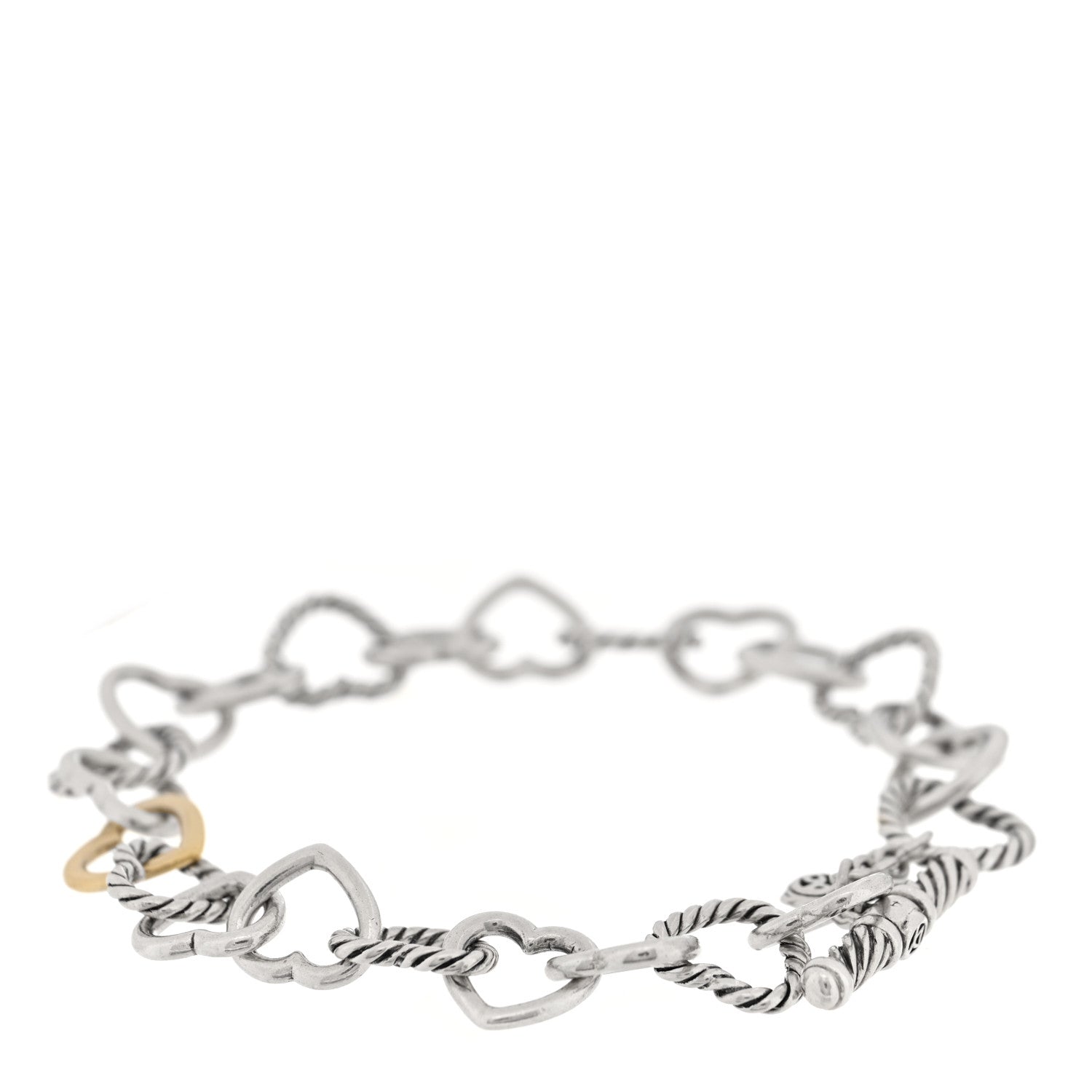 David Yurman Sterling Silver 18K Yellow Gold Cable Heart Link Bracelet 2 of 3