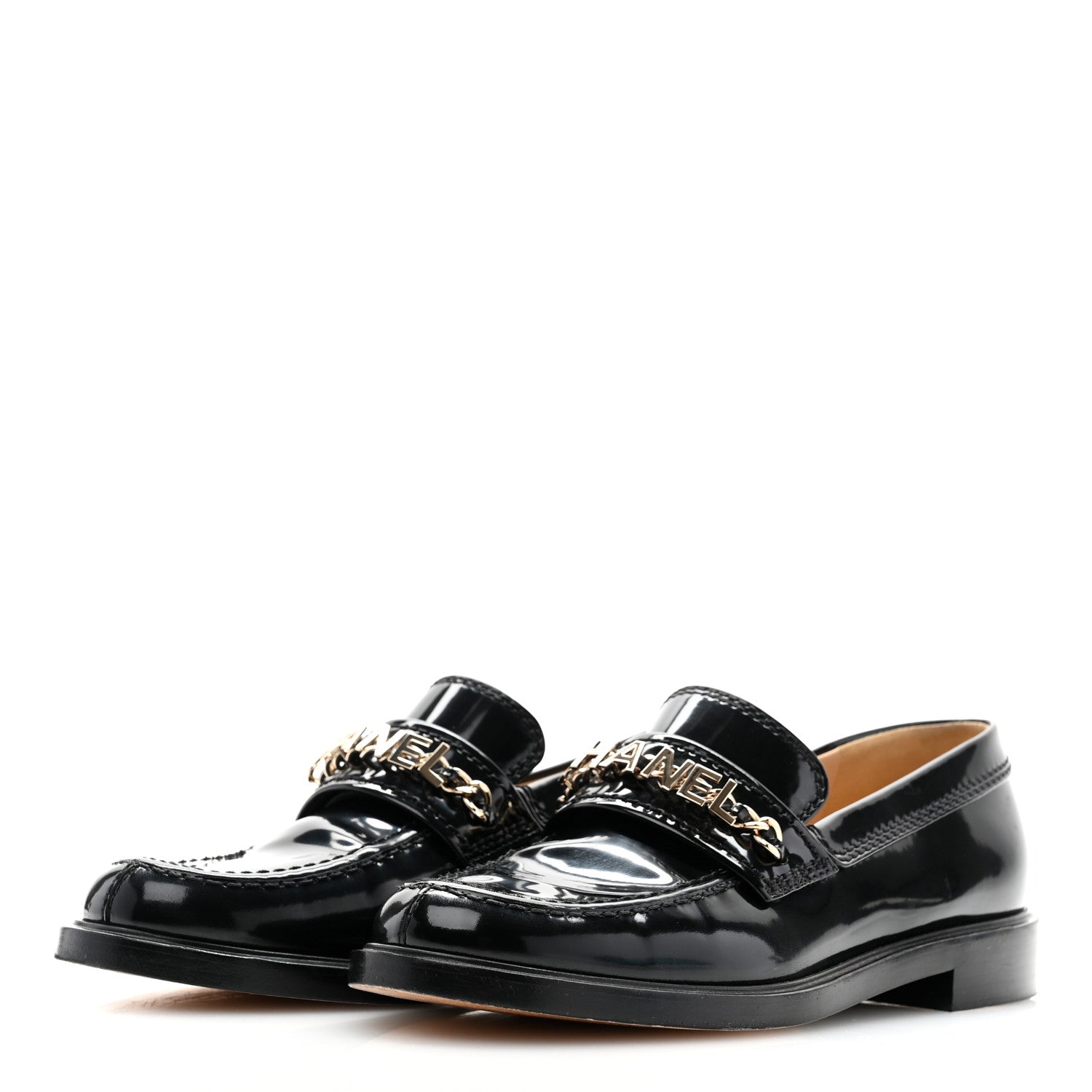 Chanel Shiny Calfskin Logo Loafers 38 Black 3 of 9