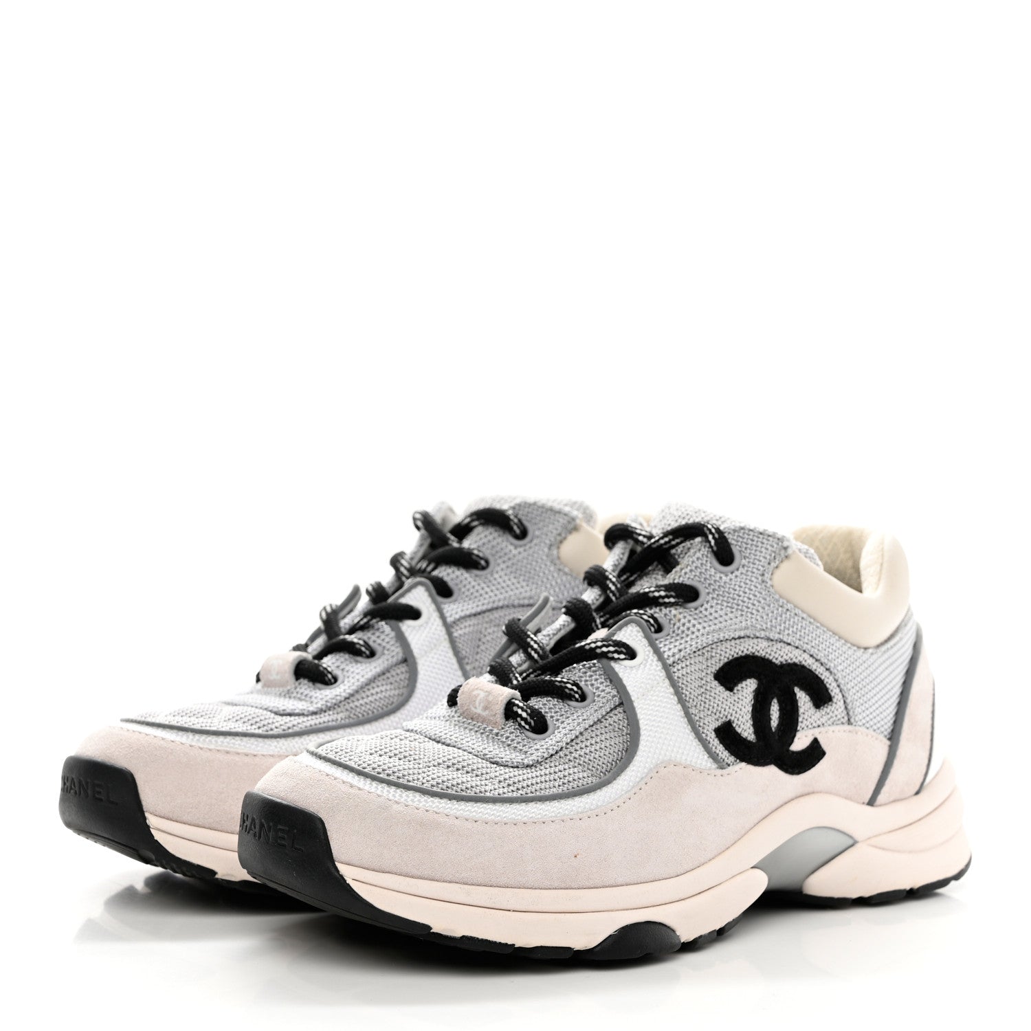 Chanel Nylon Calfskin Suede Womens CC Sneakers 36 Grey White 3 of 9