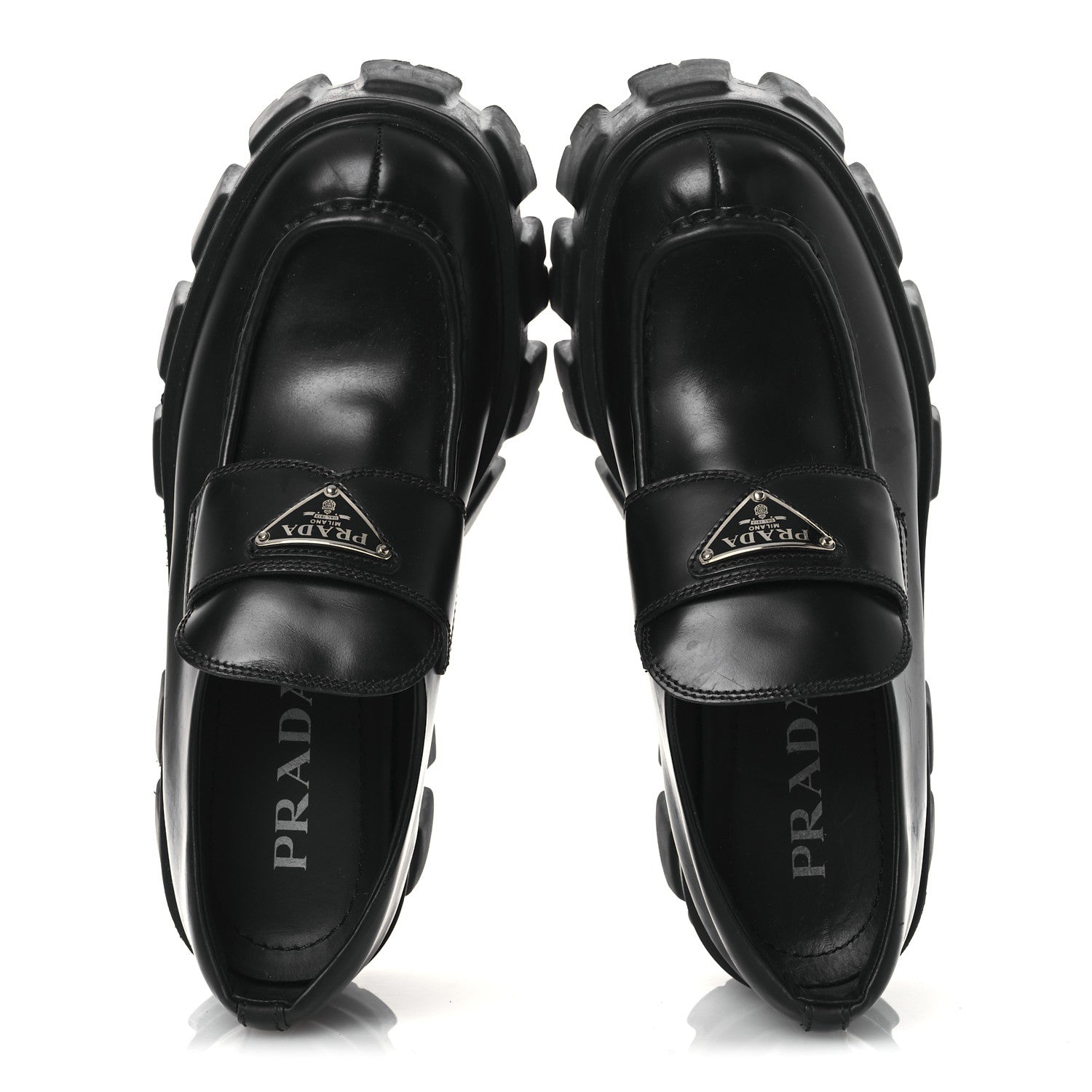 Prada Spazzolato Rois Metal Triangle Logo Monolith 55mm Loafers 37.5 Black 2 of 14