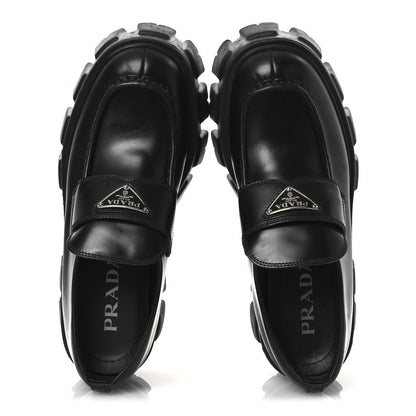 Prada Spazzolato Rois Metal Triangle Logo Monolith 55mm Loafers 37.5 Black 2 of 14