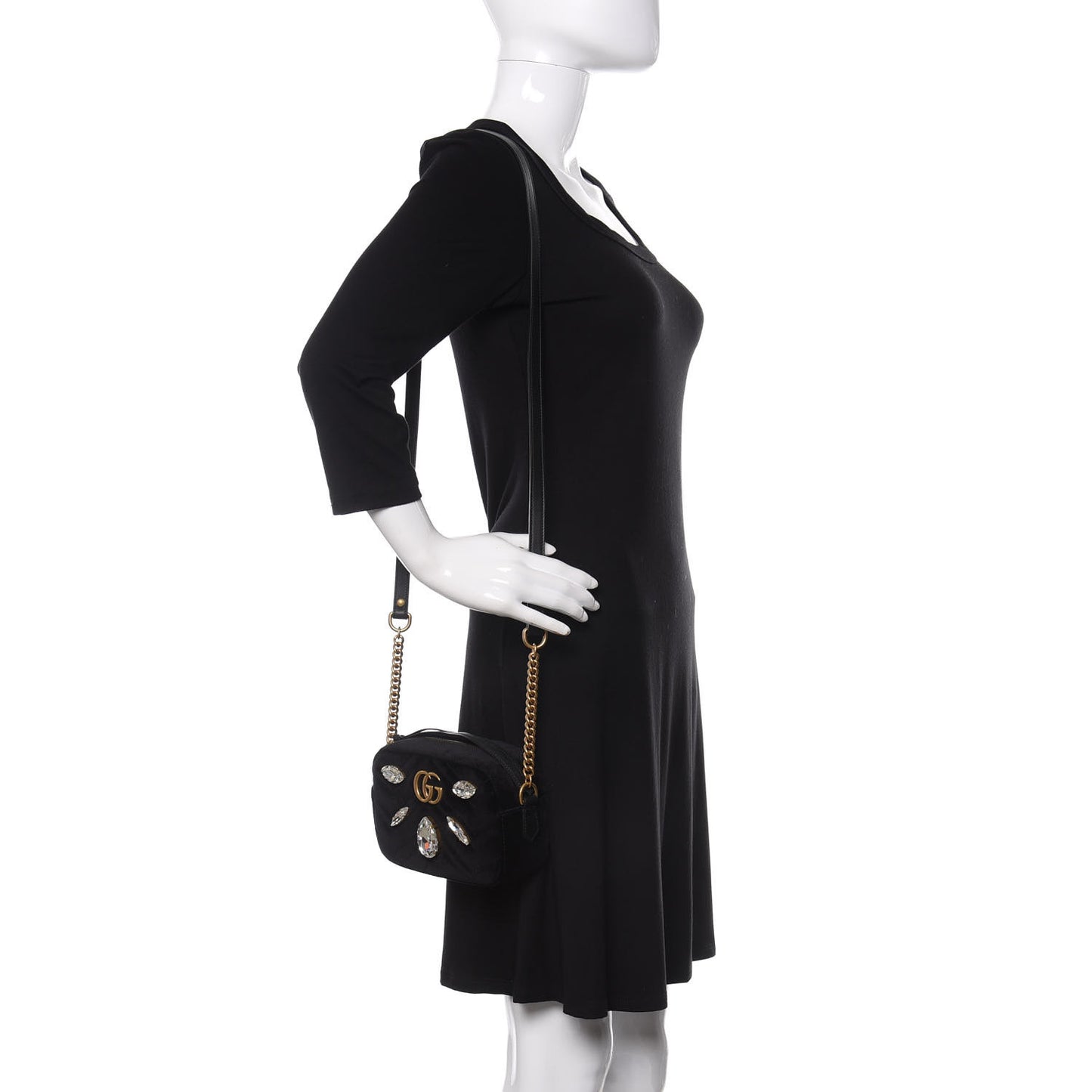 Velvet Matelasse Marquise Crystals Mini GG Marmont Chain Shoulder Bag Black