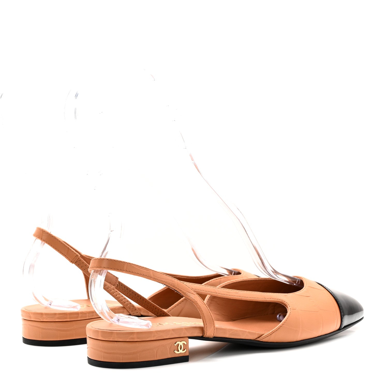 Chanel Calfskin Crocodile Embossed Patent Cap Toe CC Slingback Flats 37.5 Brown Black 4 of 11
