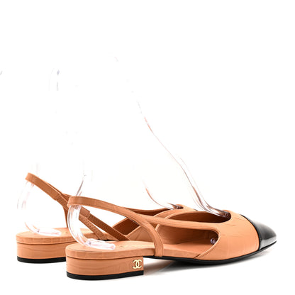 Chanel Calfskin Crocodile Embossed Patent Cap Toe CC Slingback Flats 37.5 Brown Black 4 of 11