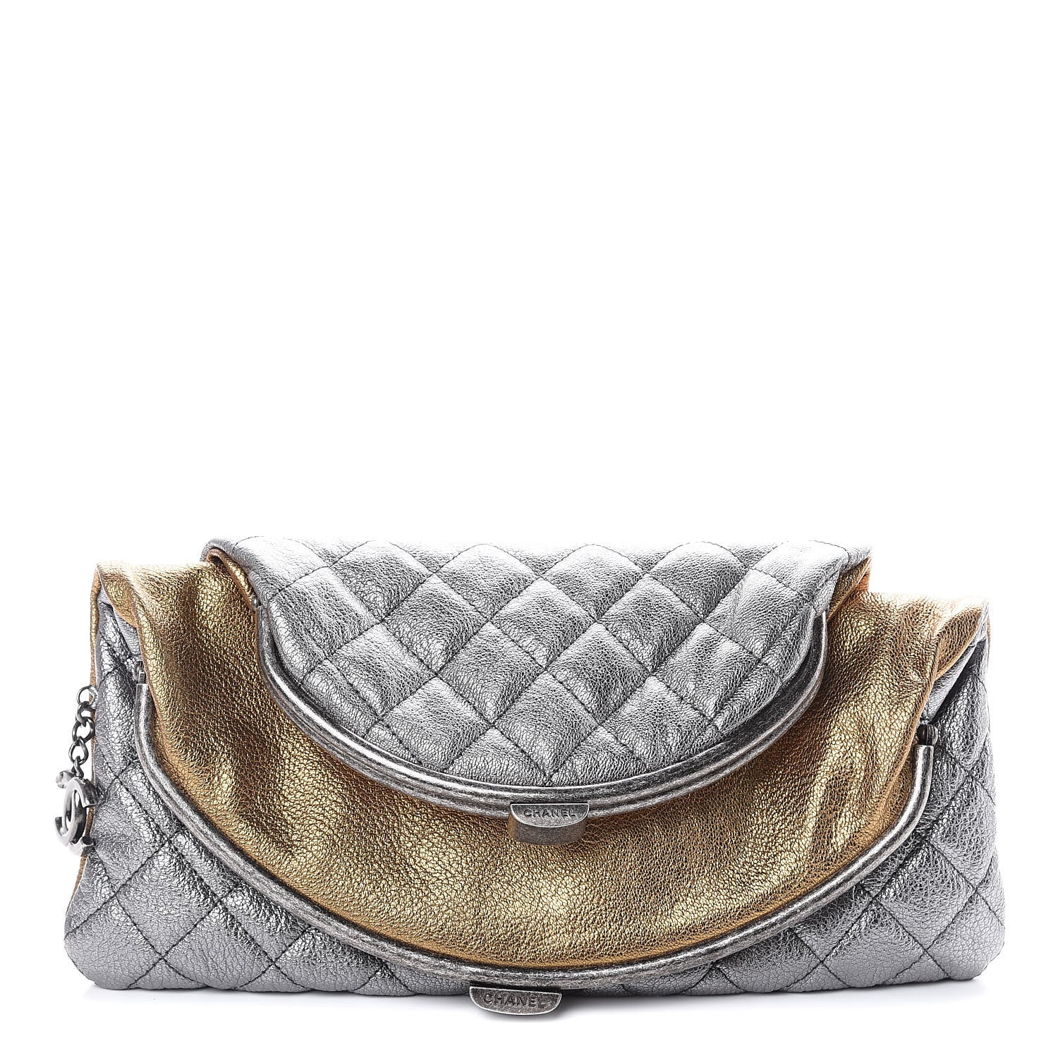 Chanel Metallic Goatskin Quilted Frame Clasp Flap Clutch Silver Gold 1 of 8