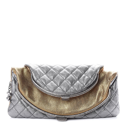 Chanel Metallic Goatskin Quilted Frame Clasp Flap Clutch Silver Gold 1 of 8