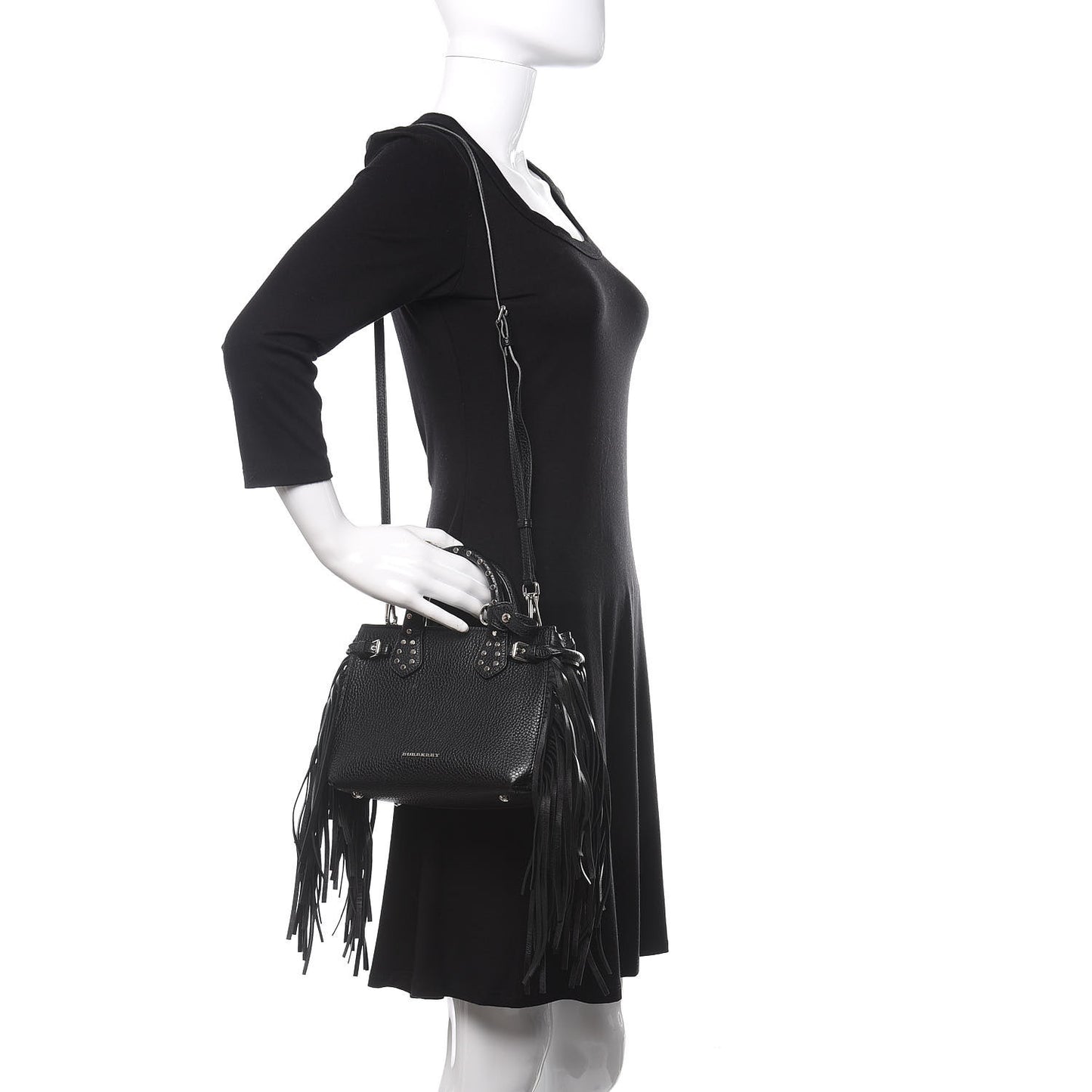 Grainy Calfskin Studded Fringe Baby Banner Tote Black