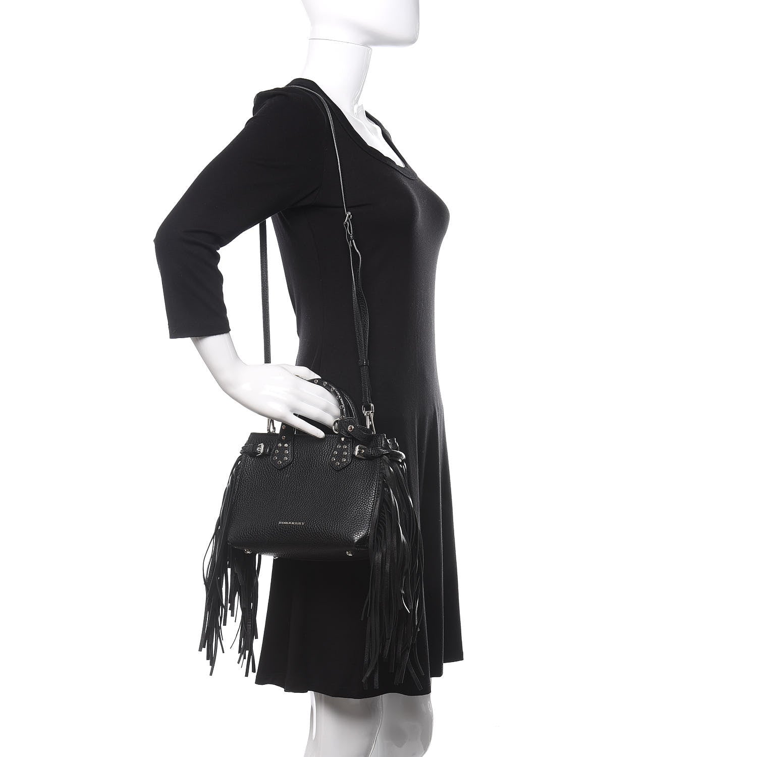 Burberry Grainy Calfskin Studded Fringe Baby Banner Tote Black 2 of 11