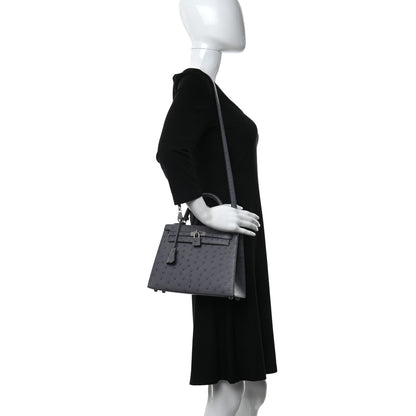 Hermes Ostrich Horseshoe Kelly Sellier 25 Gris Agate Black 3 of 10