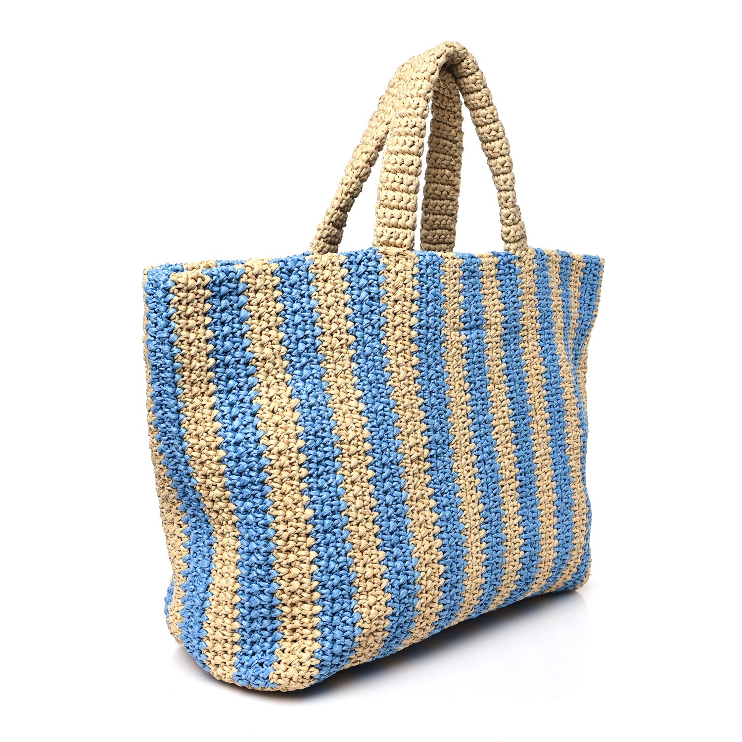 Prada Yarn Raffia Effect Crochet Striped Large Logo Tote Naturale Celeste 3 of 9