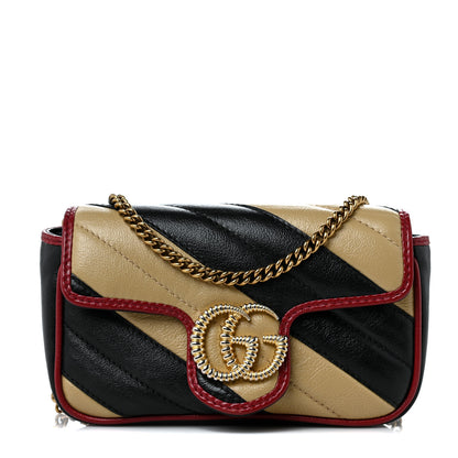 Gucci Vintage Effect Calfskin Matelasse Diagonal Striped Super Mini Torchon GG Marmont Shoulder Bag Black Beige 1 of 9