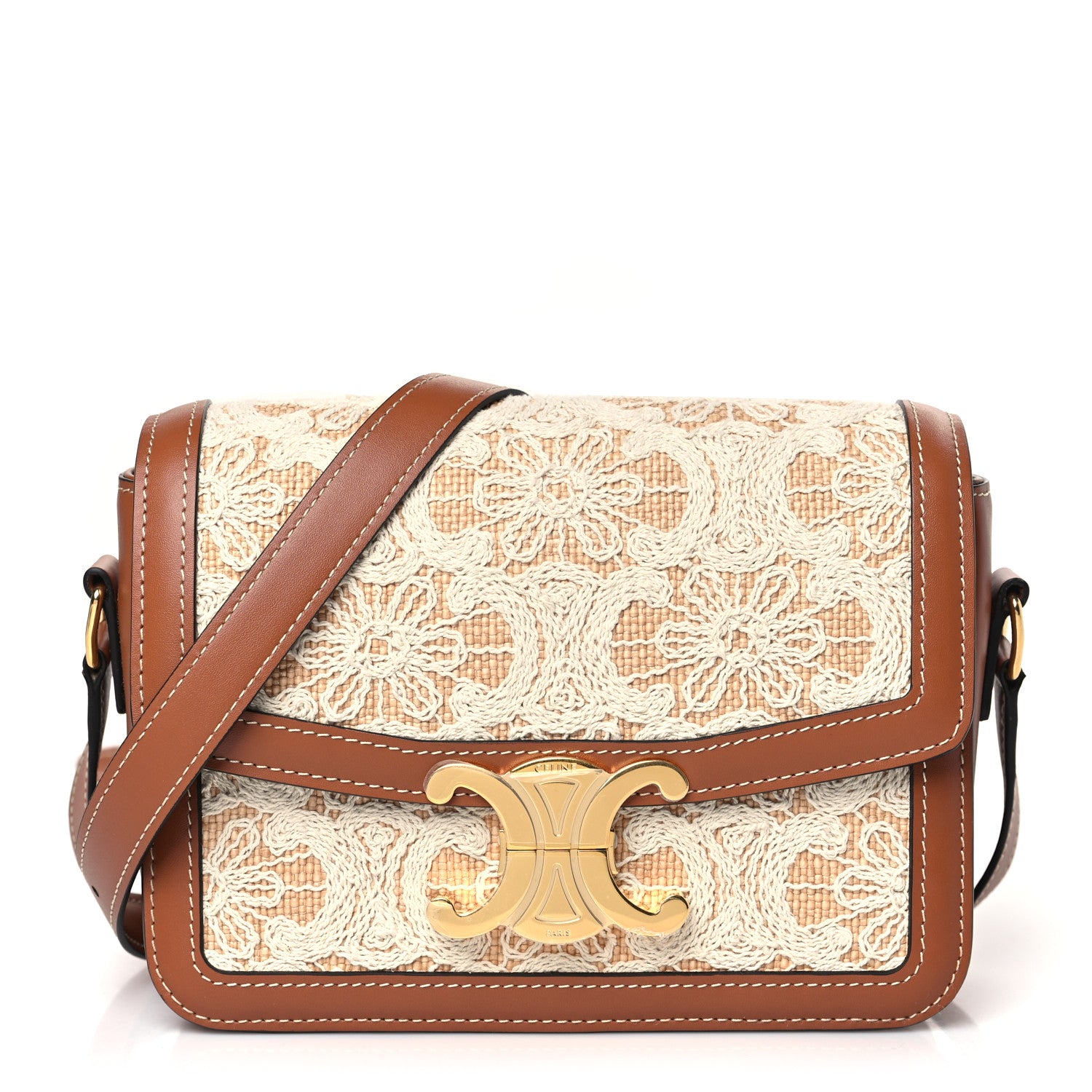 Celine Embroidered Raffia Natural Calfskin Teen Triomphe Natural Tan 1 of 9