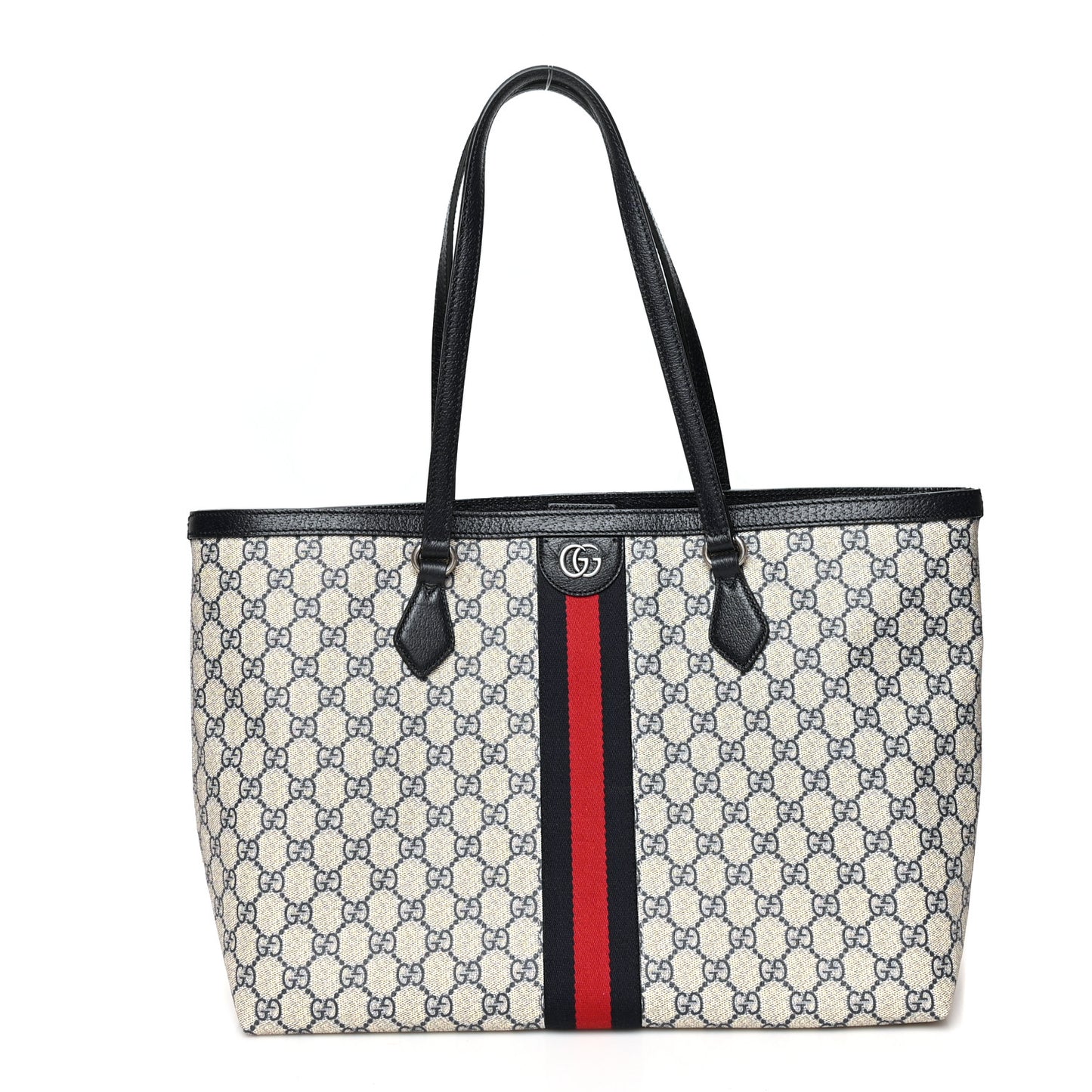 GG Supreme Monogram Textured Calfskin Web Medium Ophidia Shopping Tote Beige Blue