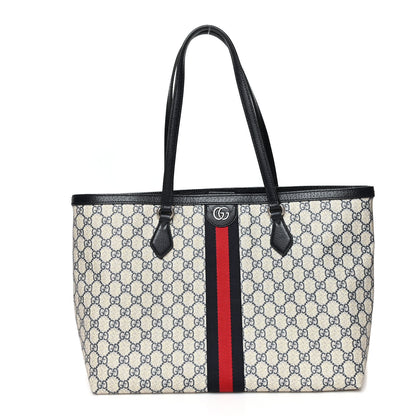 Gucci GG Supreme Monogram Textured Calfskin Web Medium Ophidia Shopping Tote Beige Blue 1 of 13