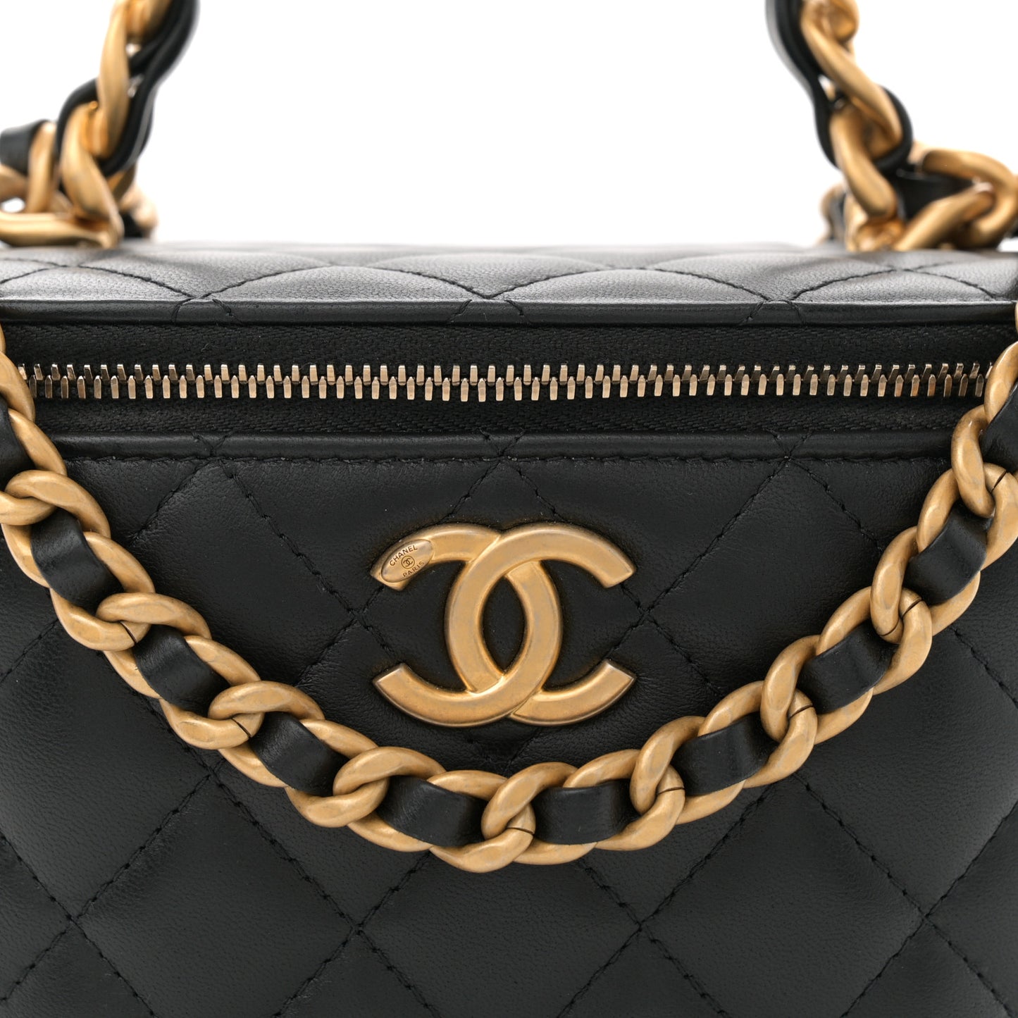 Lambskin Quilted Chain Top Handle Round Vanity Case Black