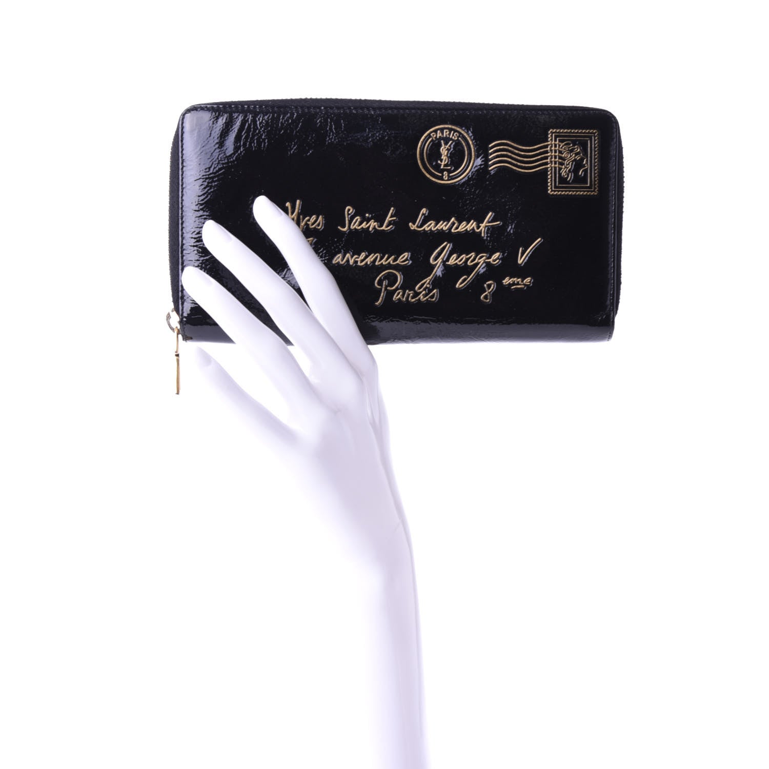 Saint Laurent Patent Y Mail Zip Around Wallet Black 2 of 7