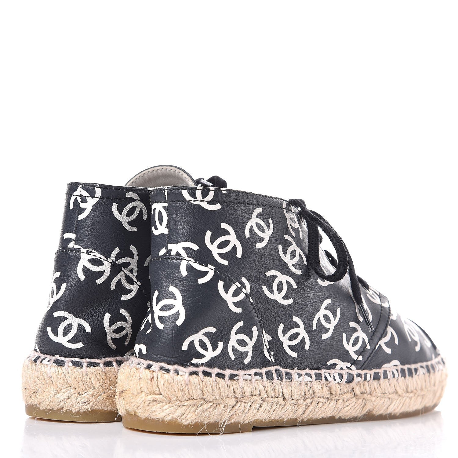 Chanel Lambskin Printed CC Lace Up Espadrilles 35 Black White 4 of 10