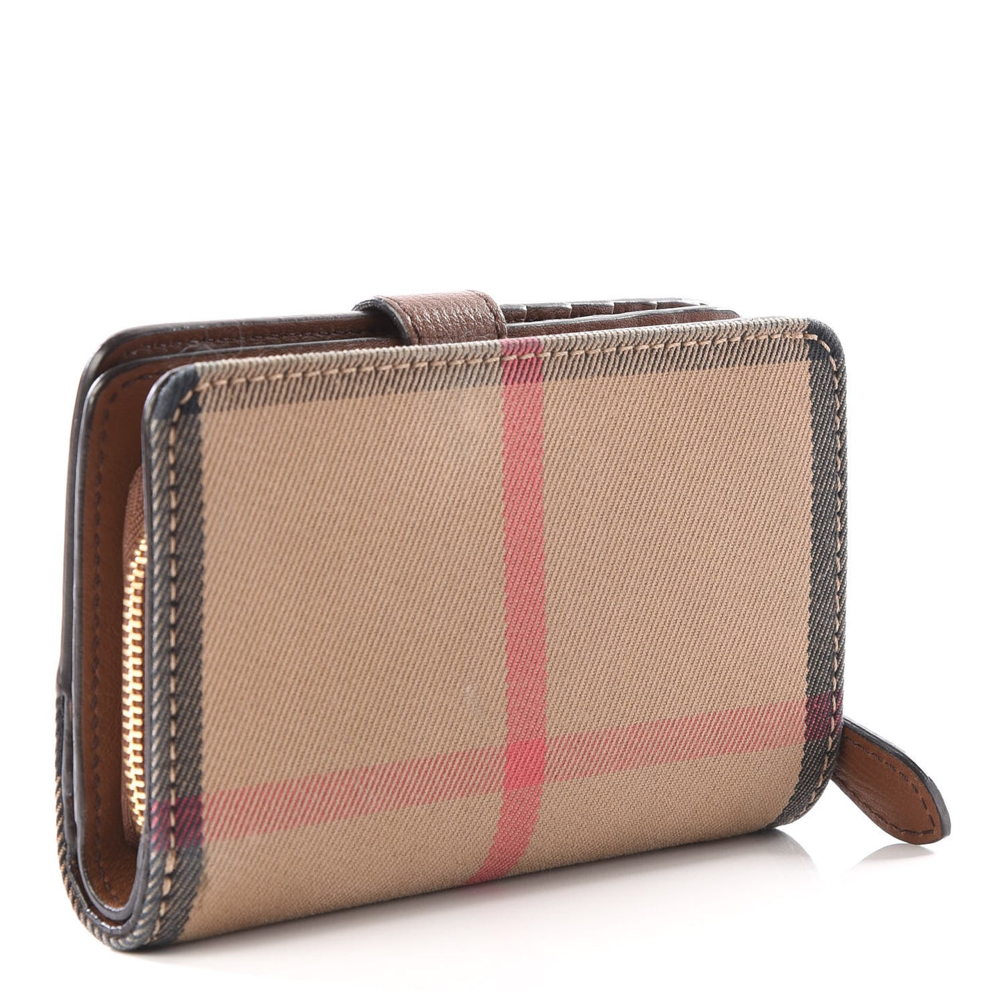 Calfskin House Check Compact Wallet Tan