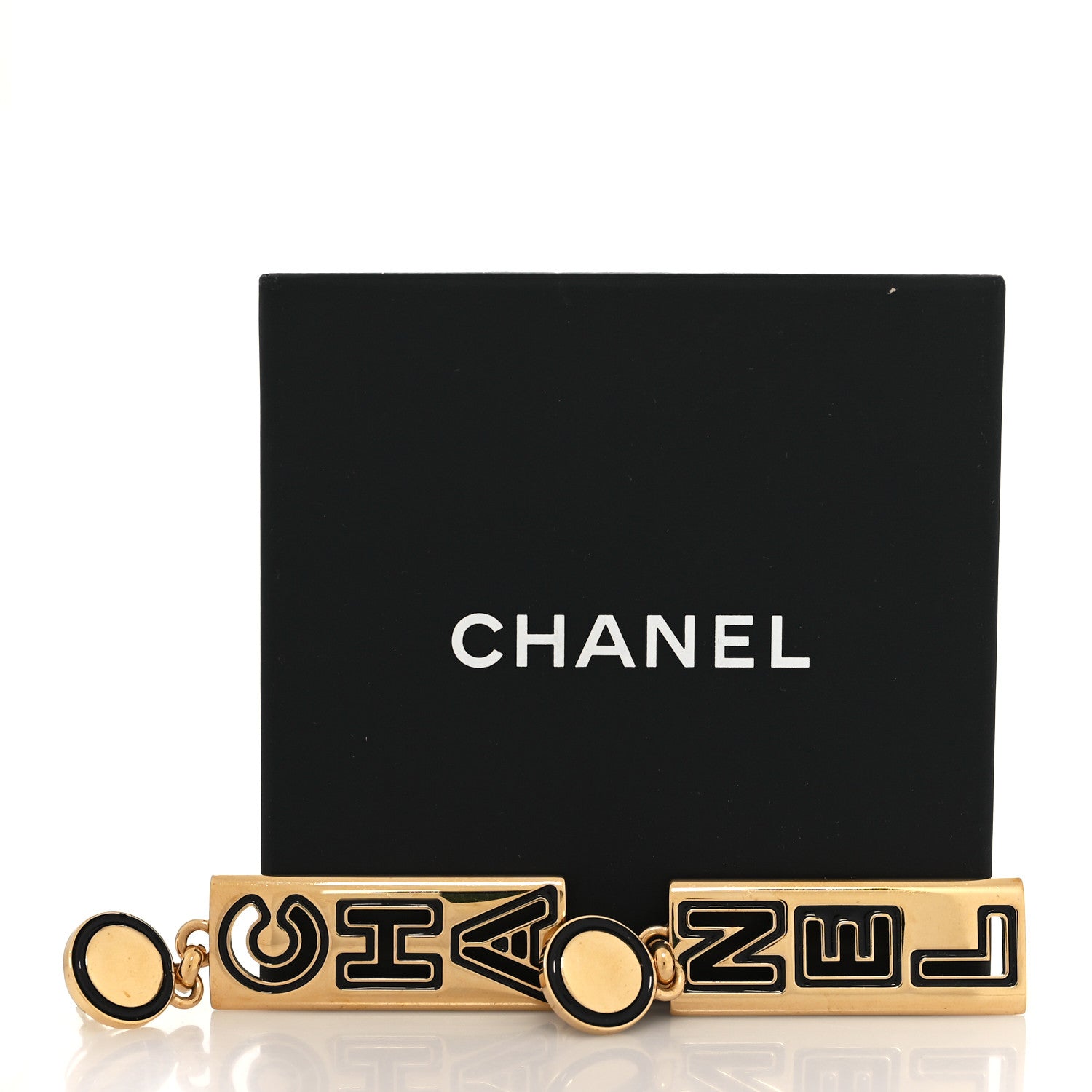Chanel Metal Enamel Cha-Nel Logo Drop Earrings Gold Black 5 of 5