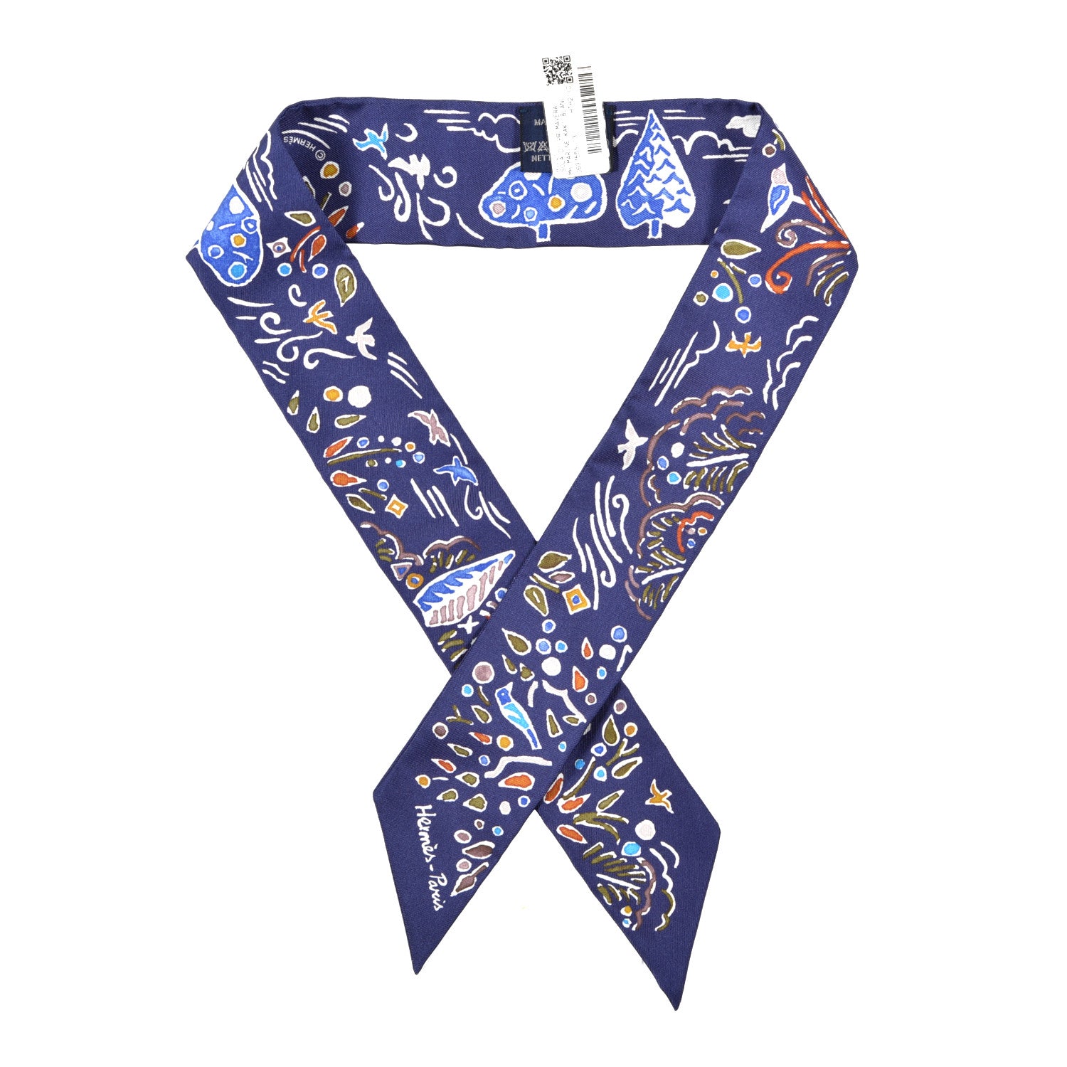 Hermes Silk Isola Di Primavera Twilly Marine Kaki White 1 of 4