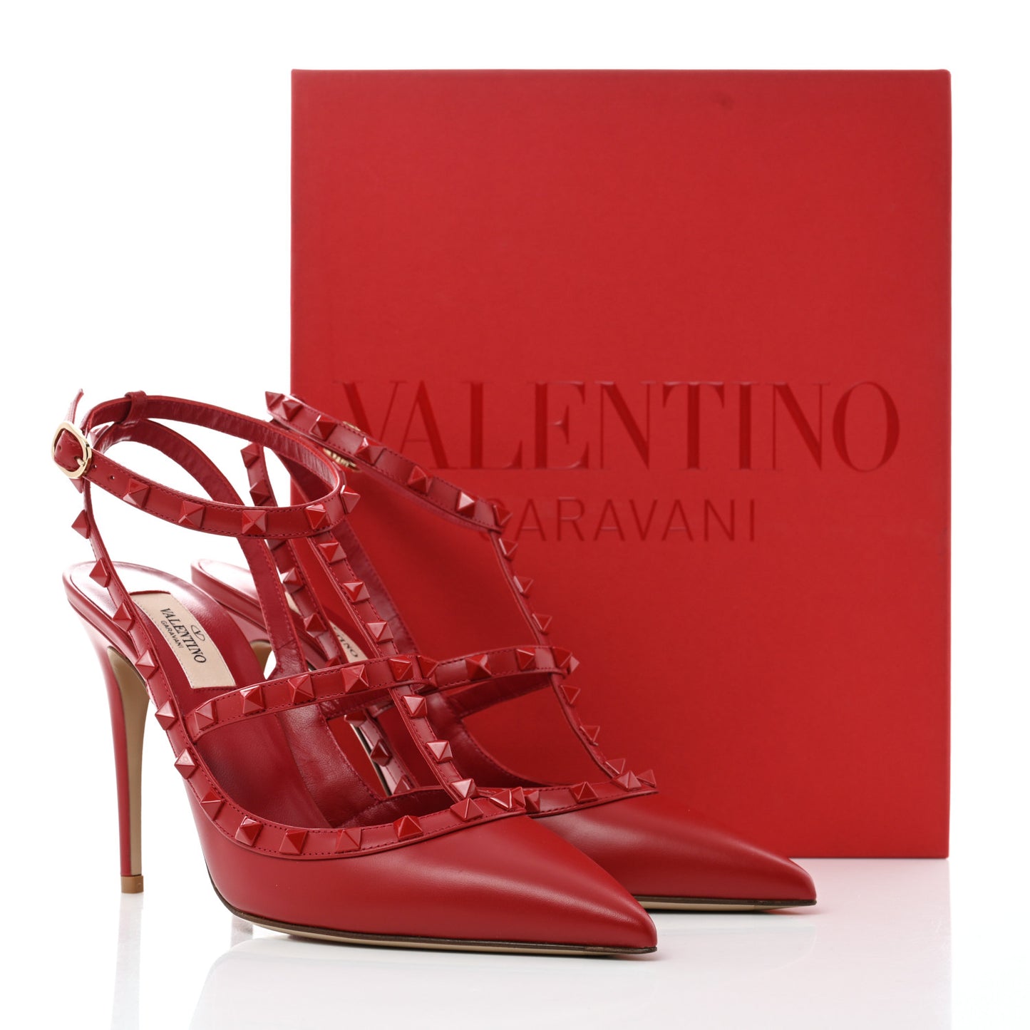 Calfskin Lacquered Monochrome Rockstud Ankle Strap 100mm Pumps 40 Rosso Valentino