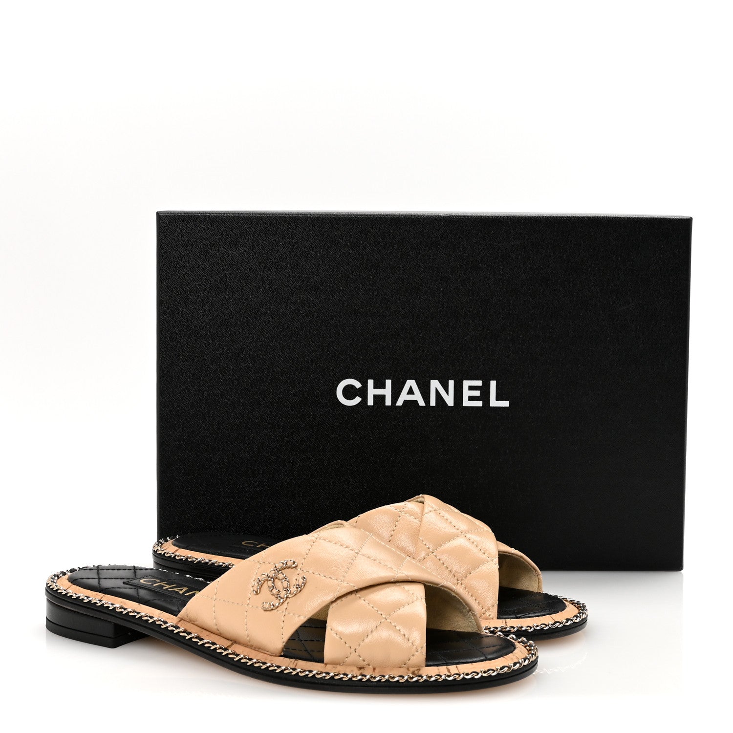 Chanel Shiny Lambskin Quilted Metal Chain CC Sandals 36.5 Beige 10 of 10